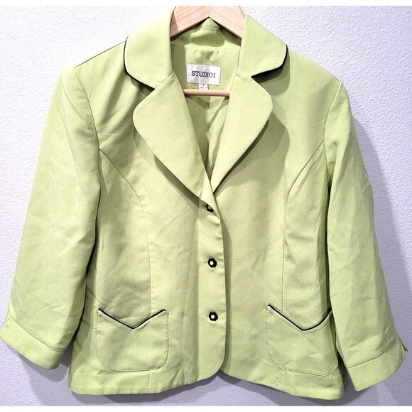 Studio I Womens Lime Green 3/4 Sleeve Blazer Jacket w/Black Trim Size 14 - Picture 1 of 11